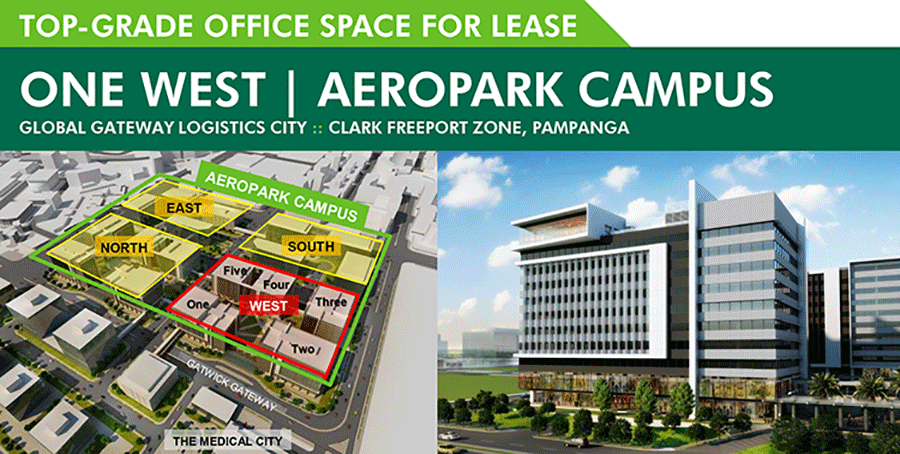  ARTIST RENDITIONS. The One West and Two West Buildings inside the Aeropark Campus inside the 177-hectare Global Gateway Clark inside Clark Freeport.