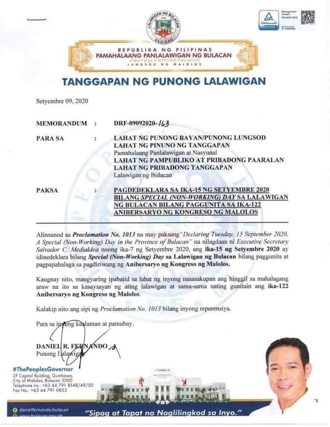 September 15 A Special Non Working Day In Bulacan Iorbitnews Online